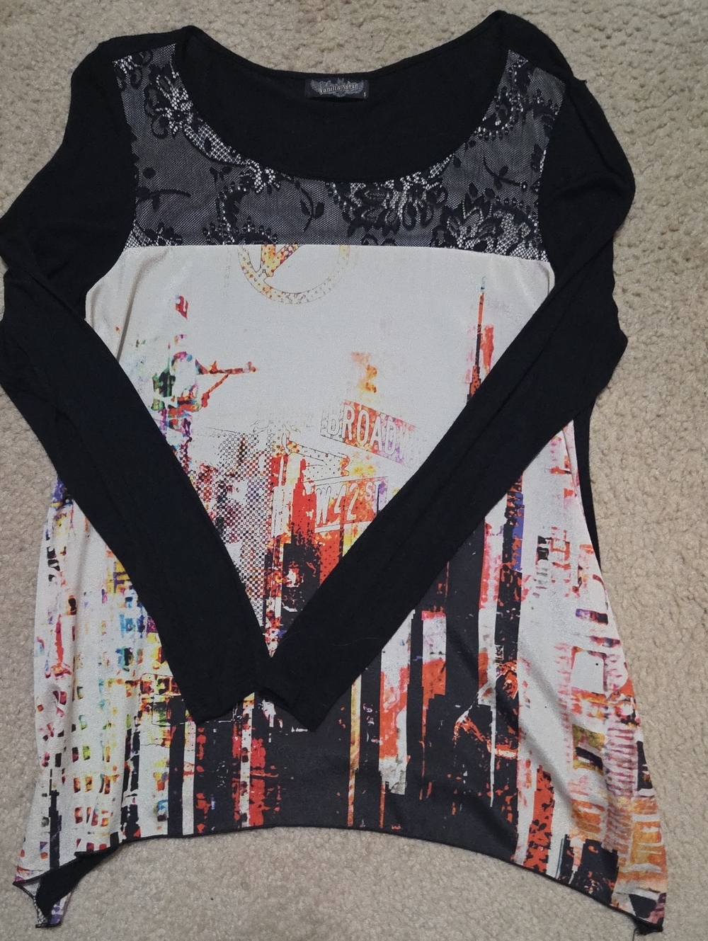 Vintage Y2K Vanilla Sugar Black Long-Sleeve Top with Multicolor City Print